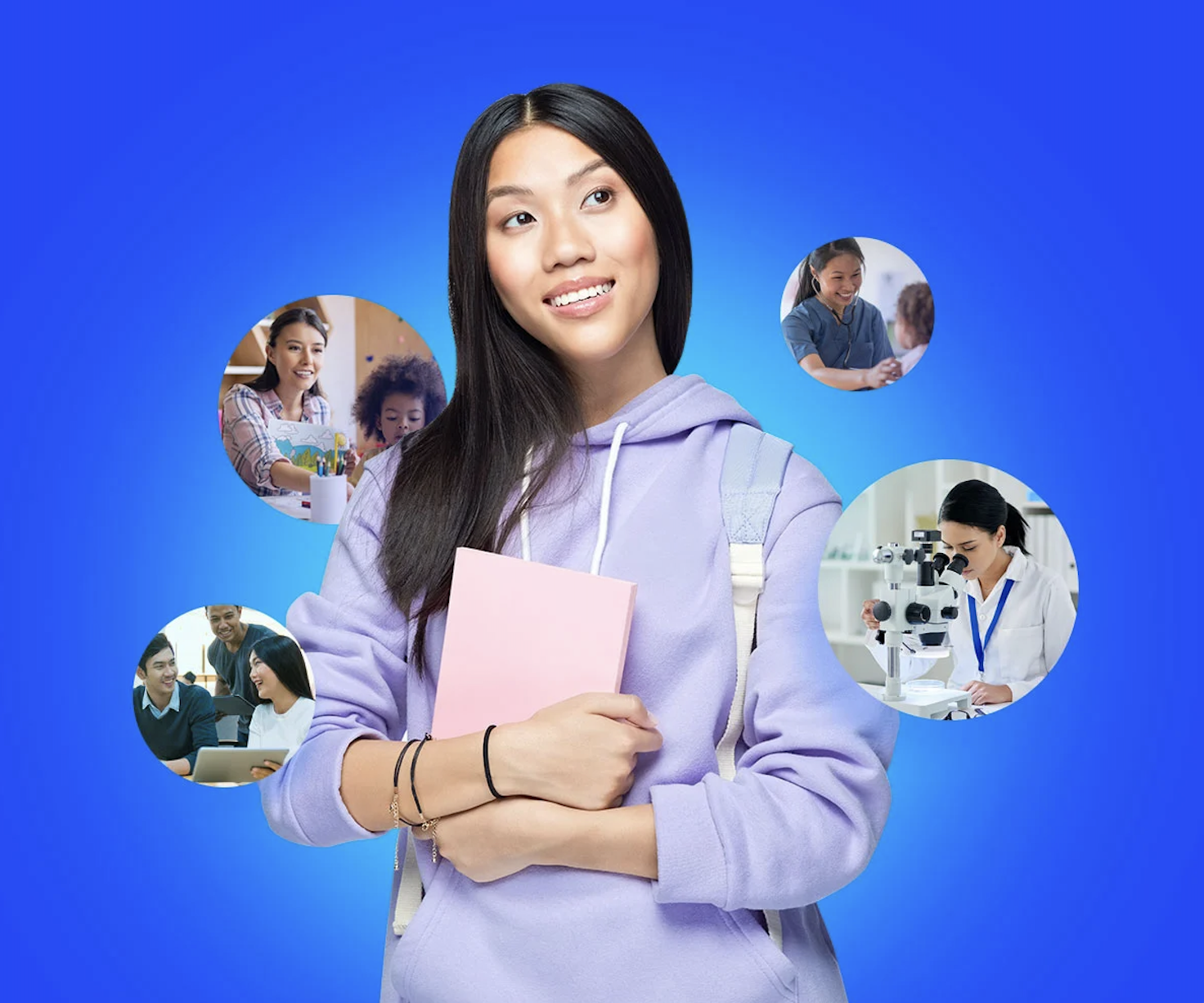 A young woman in a purple hoodie holds a pink book, smiling. Behind her, circular images depict diverse educational scenes: a teacher with children, a student at a microscope, a business meeting, and a tutoring session. Blue background.