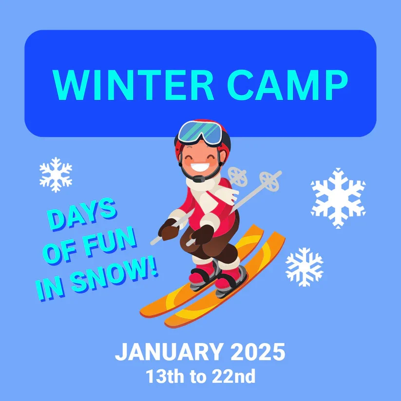Illustration of a child skiing on a blue background with snowflakes. Text reads "Winter Camp" and "Days of fun in snow!" with date "January 2025, 13th to 22nd.
