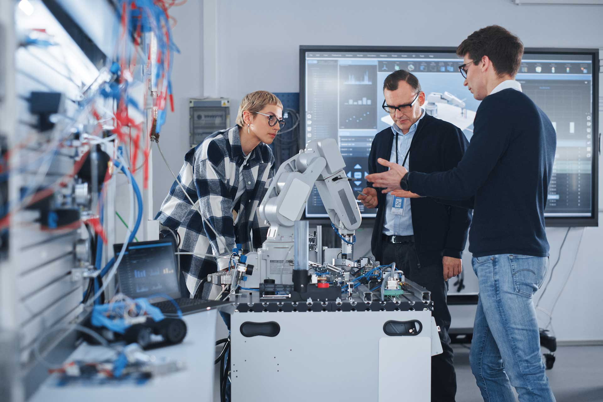 Three people in a high-tech lab setting, gathered around a robotic arm on a table. They appear to be discussing or examining the robotic equipment. Monitors with data are visible in the background.