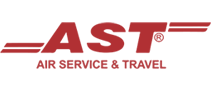 Logo of AST, featuring bold red letters with horizontal lines extending from both sides of "AST". Below, in smaller text, it reads "AIR SERVICE & TRAVEL.