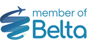 Logo with a swirling ribbon design resembling an airplane path, followed by the text "member of Belta" in blue.