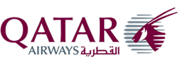 Qatar Airways logo featuring the company name in maroon and gray with a stylized oryx head beside wavy lines. The word "Airways" and its Arabic translation are included beneath "Qatar.