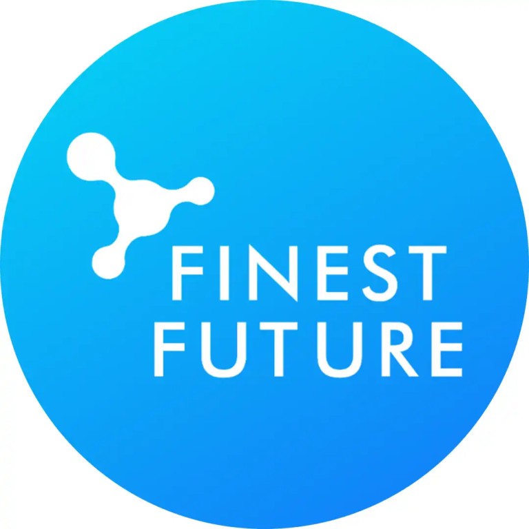 A blue circular logo with a white abstract molecule-like design on the left and the words "Finest Future" in bold white letters on the right.