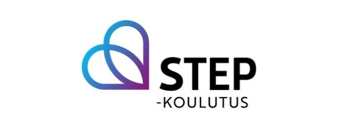 Logo of STEP Koulutus features a heart-shaped design with a gradient of blue to purple on the left, followed by the text "STEP Koulutus" in bold black letters on a white background.