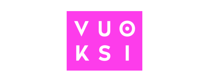 A vibrant pink square with the white letters "VUO KSI" arranged in a grid pattern.
