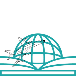 Illustration of an airplane flying over a stylized globe, with curved lines representing movement or waves beneath. The design is in teal against a white background.