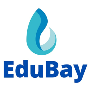 Logo of EduBay featuring a stylized blue water droplet above the text "EduBay" in bold blue letters.