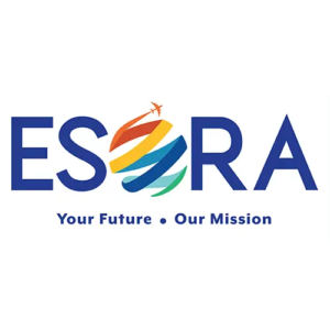 Logo of "ESRA" with stylized globe featuring colorful swirls and a small airplane. Below, the text reads: "Your Future • Our Mission.