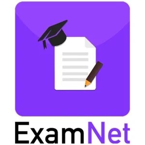 Logo of ExamNet featuring a purple square background with a graduation cap on a paper and a pencil. The text "ExamNet" is written below in black and purple.