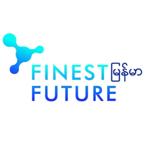 Blue gradient logo of "Finest Future" with connected dots design on the left and the text "Finest Future" in English and another script, likely Burmese, on the right.