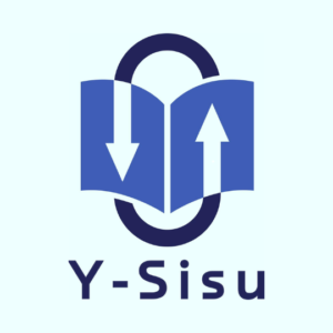 Logo of Y-Sisu featuring an open book with a downward and upward arrow on each page, encircled by an incomplete dark loop, set against a light background. The text "Y-Sisu" is below the graphic.