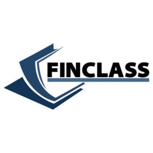 Logo of Finclass featuring a stylized blue geometric shape resembling an open book, with the word "FINCLASS" in bold black letters to the right.
