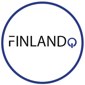 Logo featuring the word "FINLAND" in bold, black letters inside a blue circle. The letter "O" is stylized as a blue magnifying glass icon. The background is white, accentuating the minimalist design.