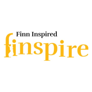 Logo with the text "Finn Inspired finspire" in black and orange. The letter 'f' in "finspire" features a silhouette design resembling a person. The word "Finn" is above "spired" in the first line.