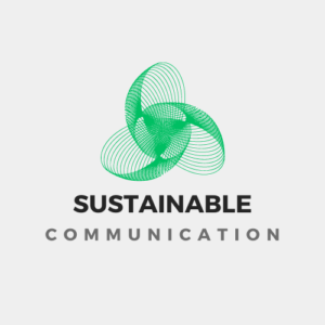 Logo featuring three interlocking green loops forming a triangular shape, symbolizing sustainability. Below, bold black lettering reads "Sustainable Communication.