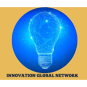 A blue digital lightbulb icon with a network pattern is centered on a circular background. The text "Innovation Global Network" is written below on a gold rectangular area.