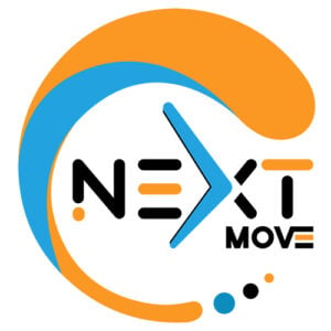 Logo with the text "Next Move" in a modern font. An abstract orange and blue swirl encircles part of the text, giving a dynamic and energetic feel.
