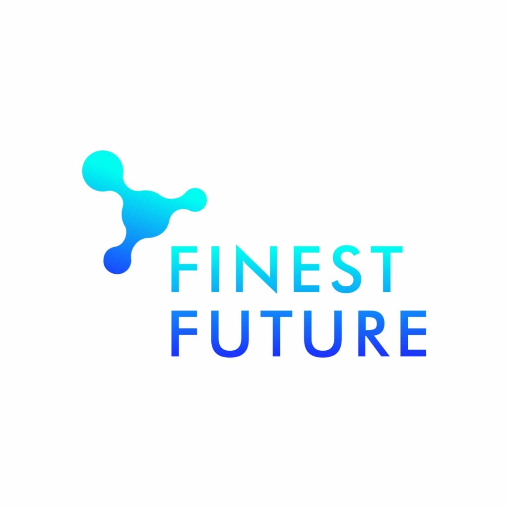 Logo with a blue abstract shape resembling connected circles on the left. Next to it, the words "Finest Future" are written in a gradient from blue to teal on a white background.