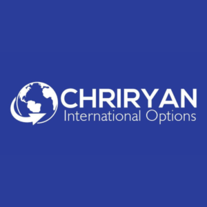 Logo for Chriryan International Options featuring a stylized globe with an arrow curving around it on a blue background. The text is written in bold, white letters next to the globe.