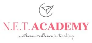 Logo for N.E.T. Academy featuring a stylized paper airplane icon above the text. "N.E.T. ACADEMY" is written in bold letters, with "northern excellence in teaching" in a smaller cursive font below.
