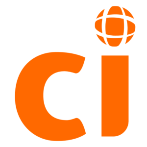Bold orange letters "ci" with a globe design above the "i" dot, symbolizing an international or global theme.