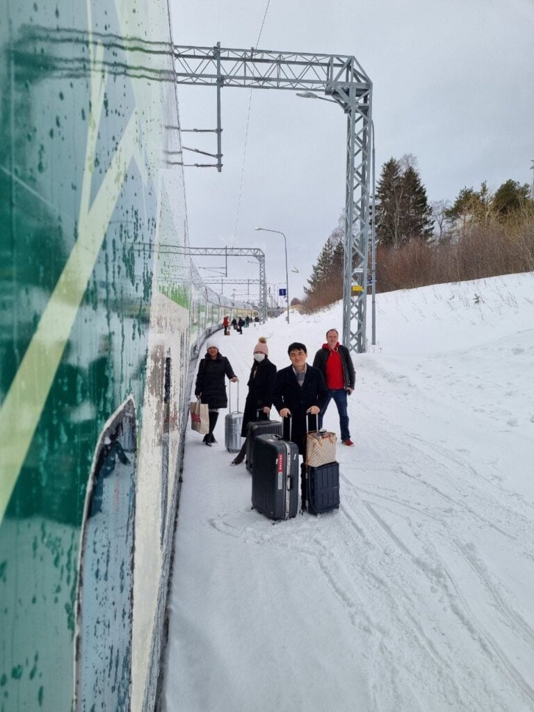 A group of people with suitcases stand on a snowy train platform next to a green train. The sky is overcast, and there are trees in the background.