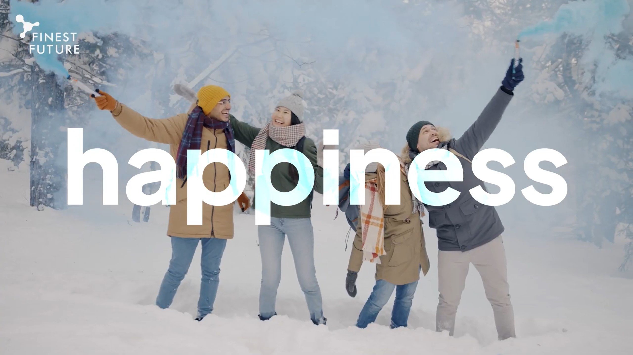 Four people standing in the snow, joyfully holding colored smoke sticks, surrounded by trees. They are dressed in winter clothing, with "happiness" written in bold white letters across the image.