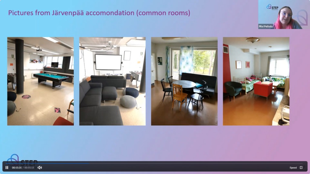 How You Can Earn a Practical Nurse Degree in Finland Without Tuition and Accommodation Fees 6 A presentation slide shows four photos of common rooms in Järvenpää accommodation: a game room with a pool table, a lounge with a couch and TV, a dining area with tables and chairs, and a living space with colorful furniture. A speaker is visible in a video call.