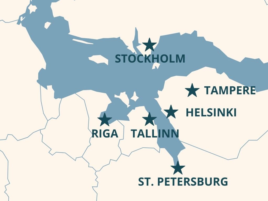 A map highlighting the Baltic Sea region with stars marking major cities: Stockholm, Helsinki, Tampere, Riga, Tallinn, and St. Petersburg.