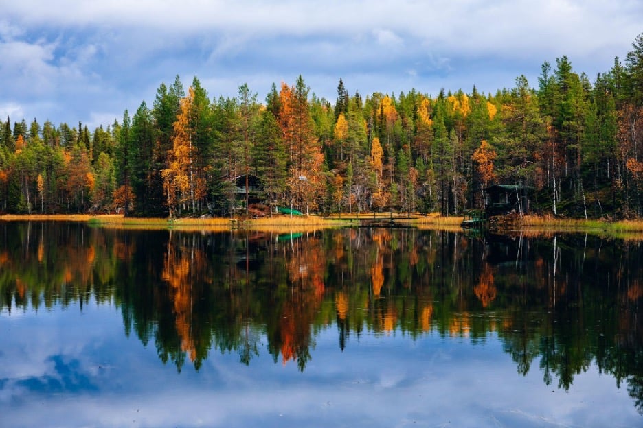 Phần Lan: Thời Tiết Bốn Mùa Xuân - Hạ - Thu - Đông Sẽ Như Thế Nào?! 5 A serene lake reflects a forest of trees with vibrant autumn foliage. The tranquil water mirrors the mix of orange, yellow, and green leaves beneath a cloudy sky, creating a peaceful and picturesque landscape.