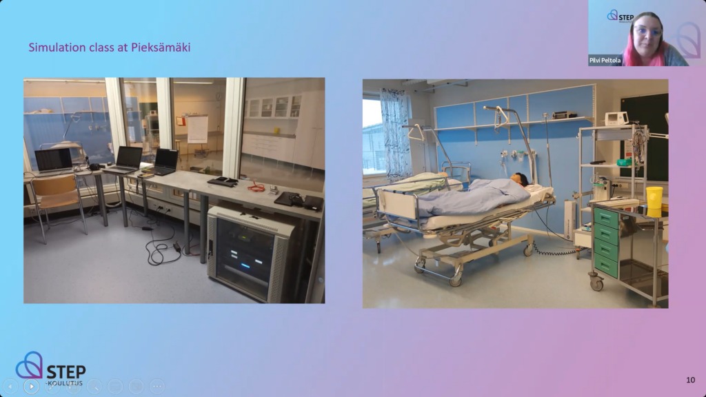 How You Can Earn a Practical Nurse Degree in Finland Without Tuition and Accommodation Fees 5 A screenshot from a video call shows a simulation class setup. On the left, computer equipment in a room behind glass. On the right, a hospital bed with medical equipment. A person appears in the video call window at the top right.