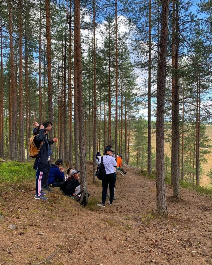 My Firsts in Finland 2 A group of people rest and enjoy a view in a pine forest. Some are sitting on the ground, while others stand with backpacks. The sky is partly cloudy, and the landscape beyond the trees is visible.